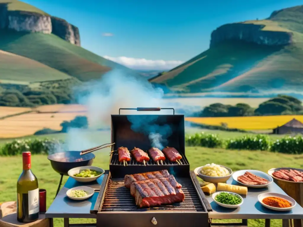 Escena auténtica de asado uruguayo en el campo, con locales disfrutando de una parrilla rústica y paisaje campestre