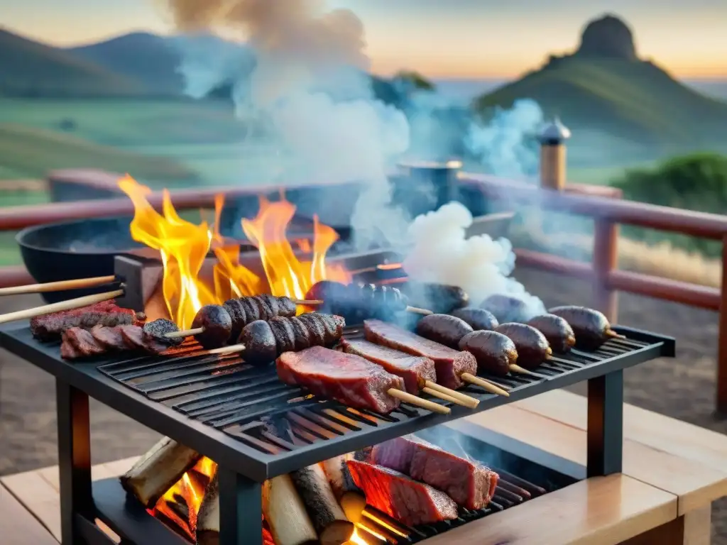 Una escena auténtica de asado uruguayo en un entorno rústico con gauchos y deliciosas carnes a la parrilla