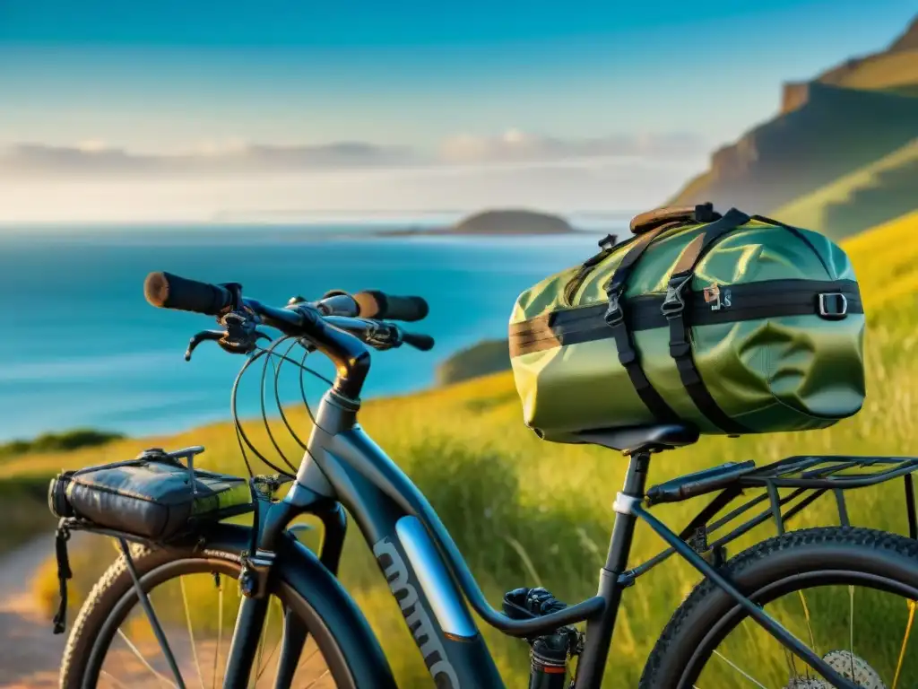 Escena de aventura en bicicleta por Uruguay: bicicleta de montaña frente a la costa, equipada y lista para pedalear