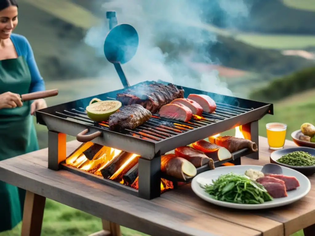 Una escena bucólica de Cocina uruguaya tradicional contemporánea: asado al aire libre con amigos y familia en el atardecer