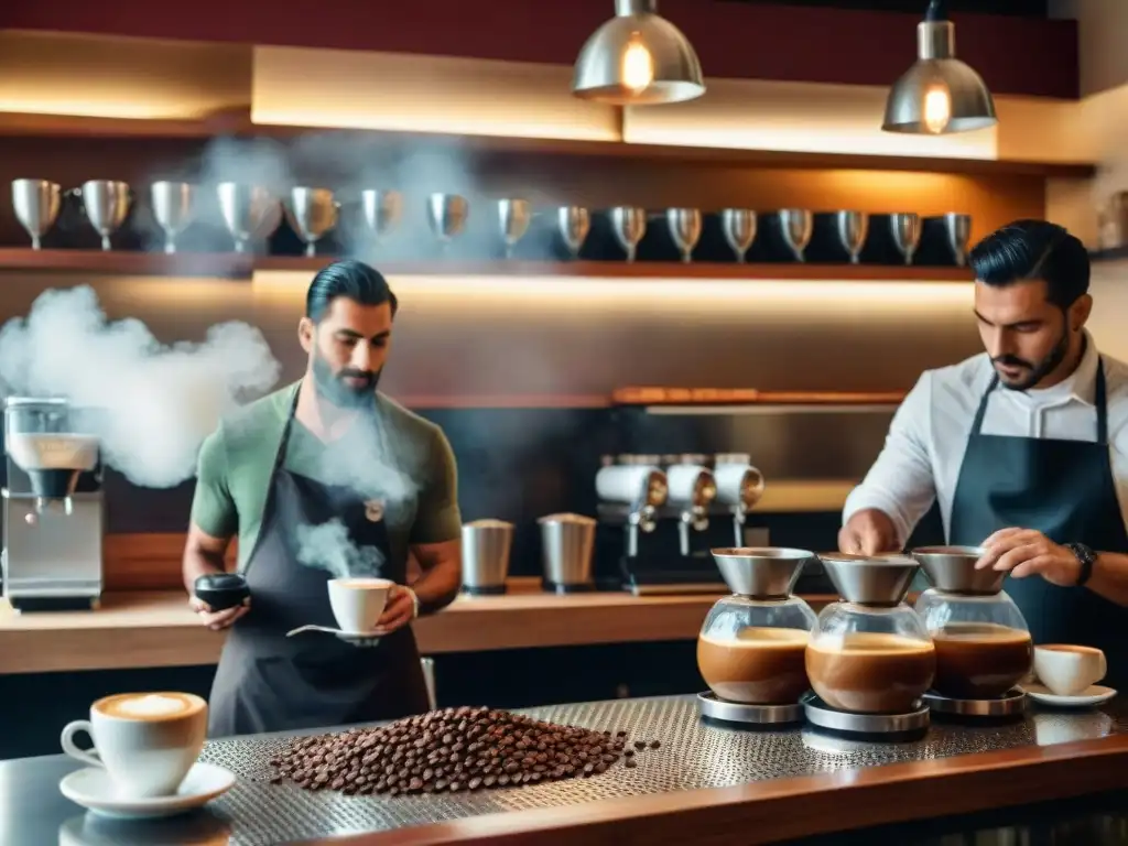 Escena bulliciosa en una cafetería de lujo en Uruguay con baristas expertos y clientes disfrutando de café