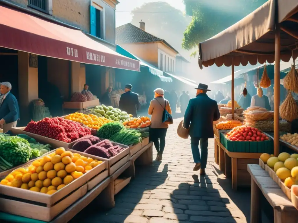 Escena bulliciosa de un mercado tradicional en Uruguay, con frutas, verduras y artesanías coloridas