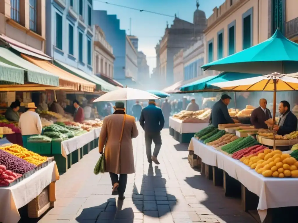 Escena bulliciosa en mercado tradicional en Montevideo, Uruguay, con productos locales y artesanías