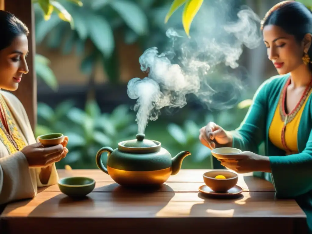 Una escena cálida y tradicional de la cultura del té en Uruguay, con personas elegantes disfrutando de un mate en un patio soleado y exuberante