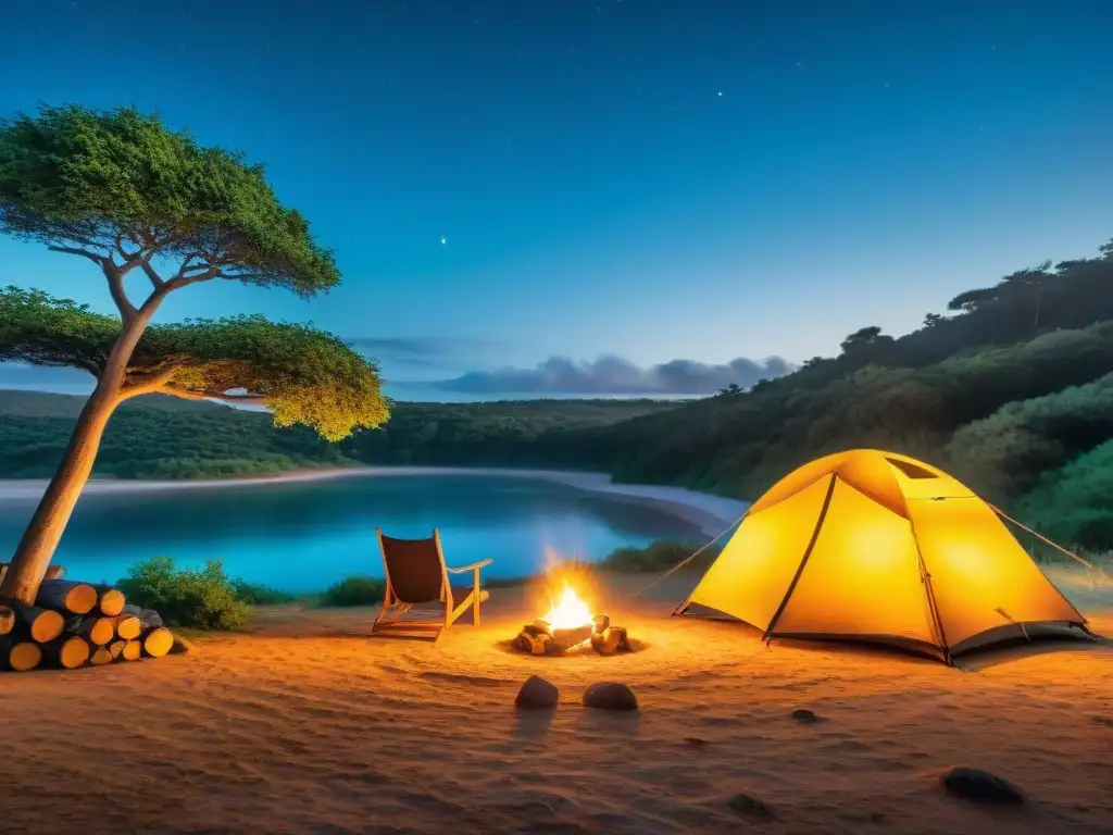 Escena de campamento en Uruguay al anochecer, con tienda acogedora iluminada y fogata