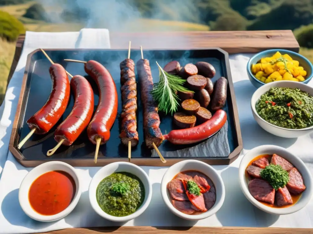 Escena campestre de asado uruguayo en mesa rústica con parrilla al fondo