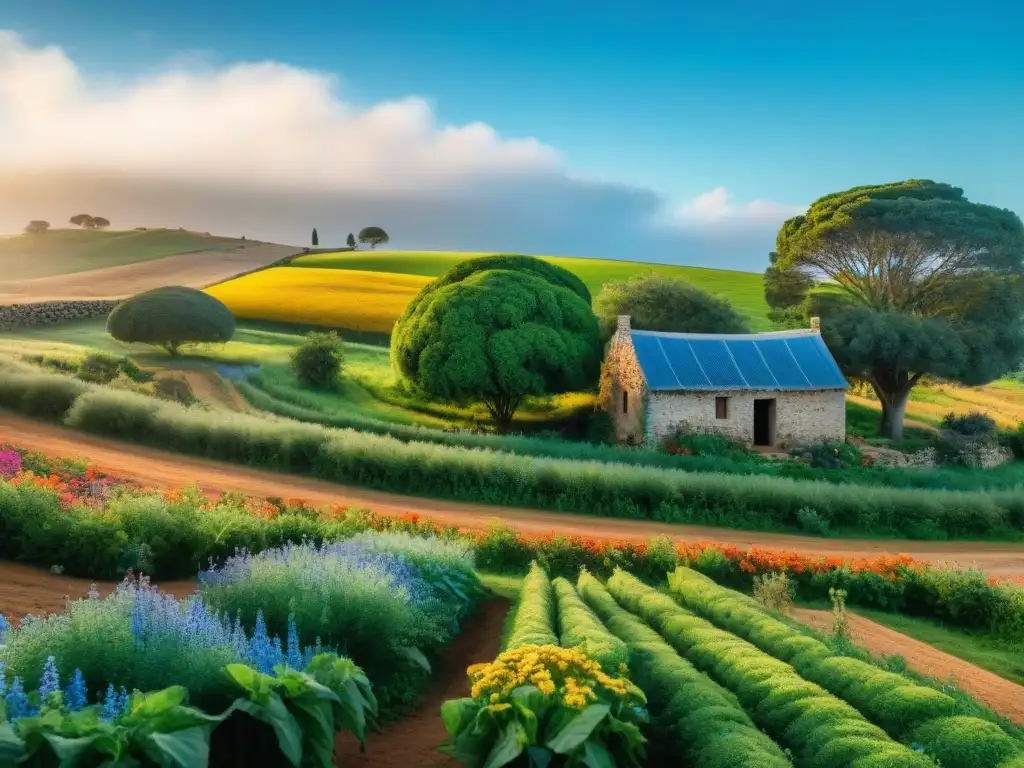 Escena campestre en Uruguay: colinas verdes, casa rural, flores silvestres y huerta