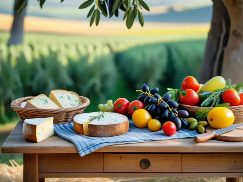 Una escena campestre romántica en Uruguay: mesa rústica con vegetales frescos, quesos artesanales y pan casero bajo la sombra de un olivo