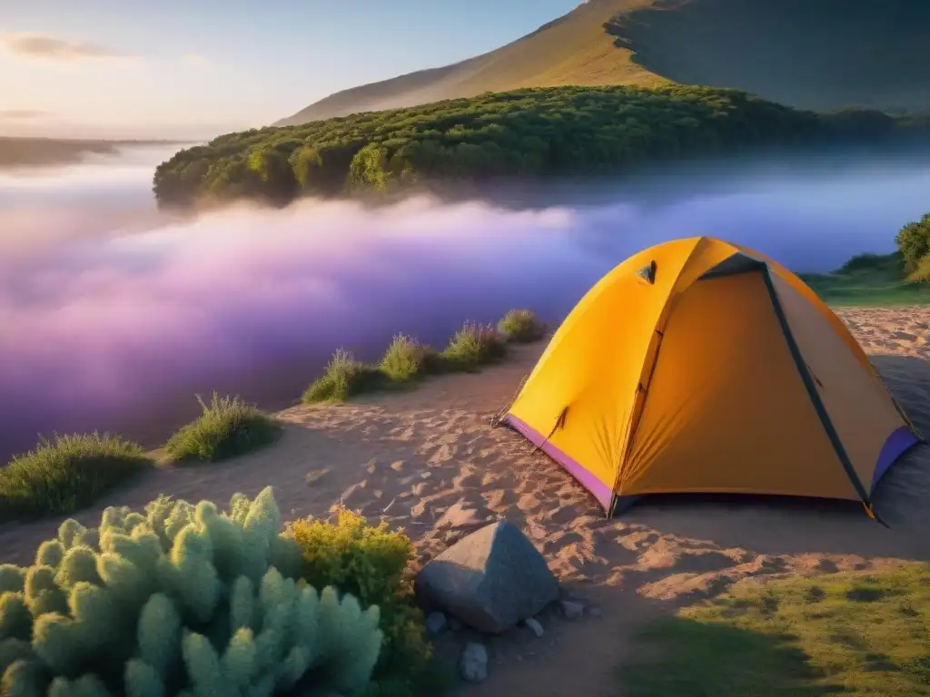 Escena de camping imprescindible en Uruguay al atardecer con tienda de colores, río tranquilo y fogata cálida