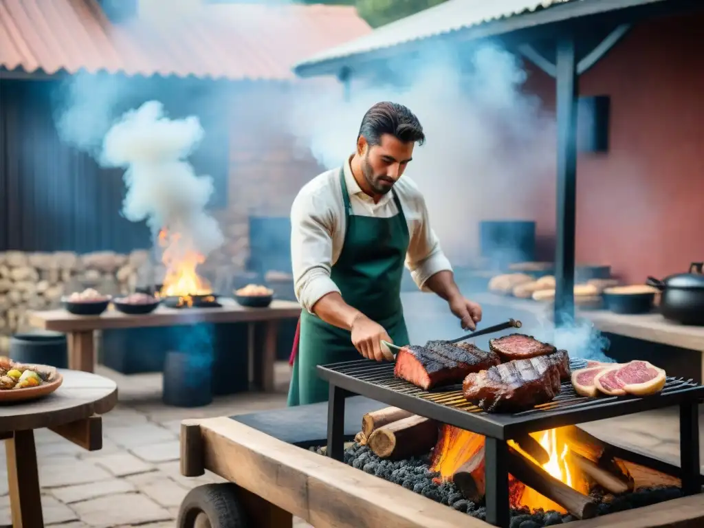 Una escena de clases magistrales de asado perfecto en Uruguay, con un gaucho experto y estudiantes atentos