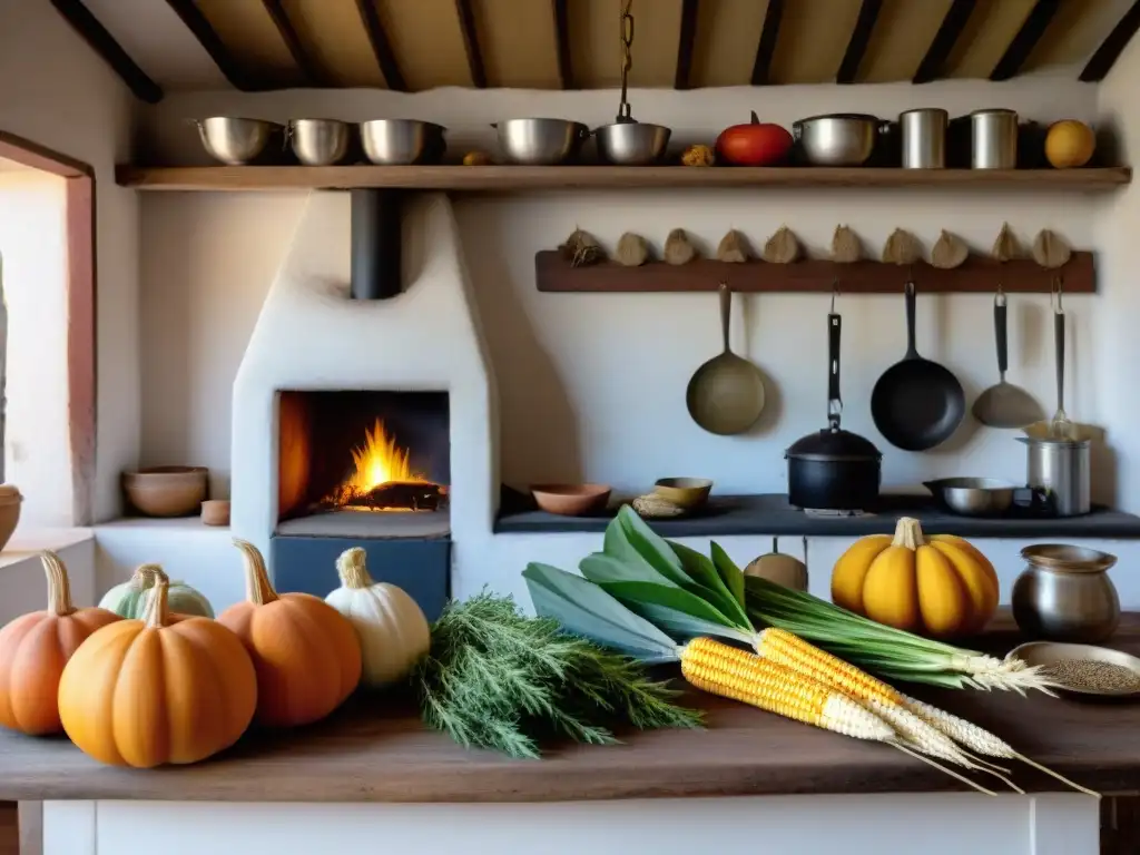 Escena de cocina rural uruguaya: mesa de madera rústica con productos frescos y chef preparando plato tradicional