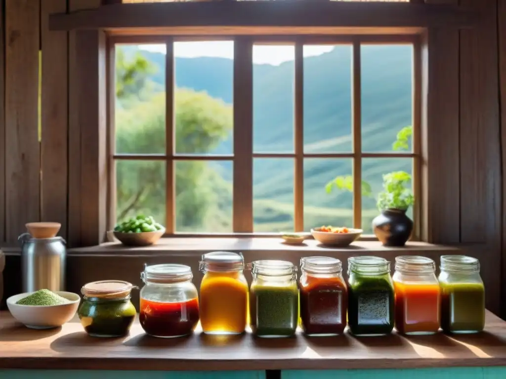 Una escena de cocina tradicional uruguaya con sabores únicos en frascos de colores sobre una mesa de madera rústica