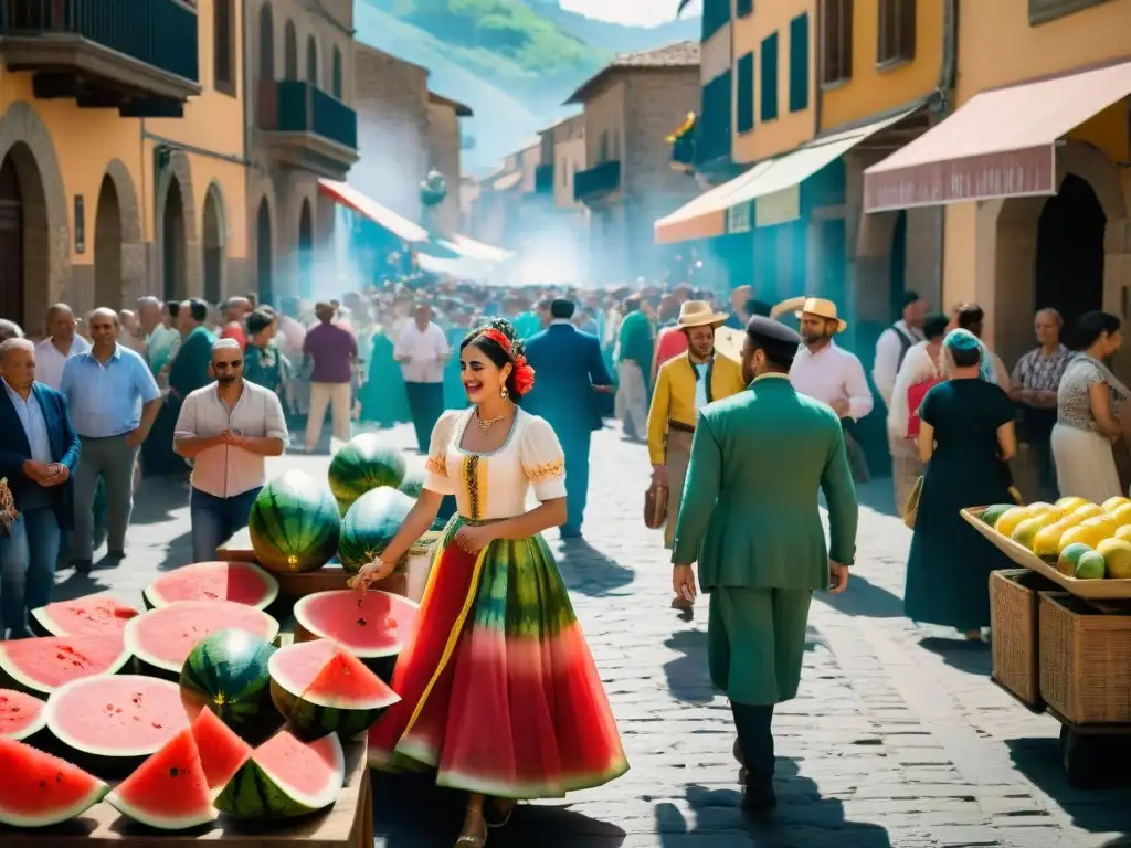 Escena colorida del Festival de la Sandía en Cardona: puestos de frutas, bailes tradicionales y una atmósfera festiva y vibrante bajo el sol de verano