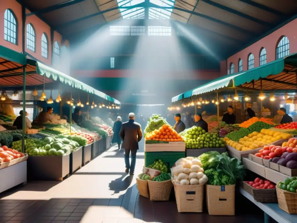 Escena colorida en el Mercado Agrícola de Montevideo, donde la gastronomía local brilla entre puestos y clientes curiosos