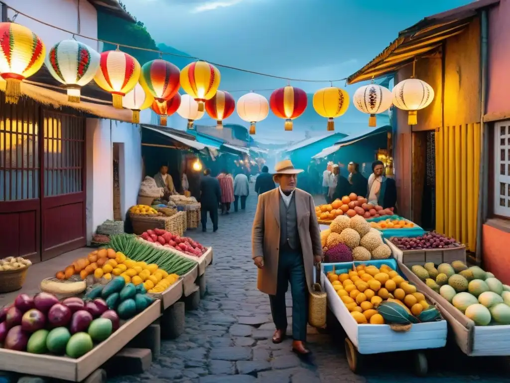 Escena colorida de mercado uruguayo con elementos mágicos, reflejando el realismo mágico de la literatura uruguaya