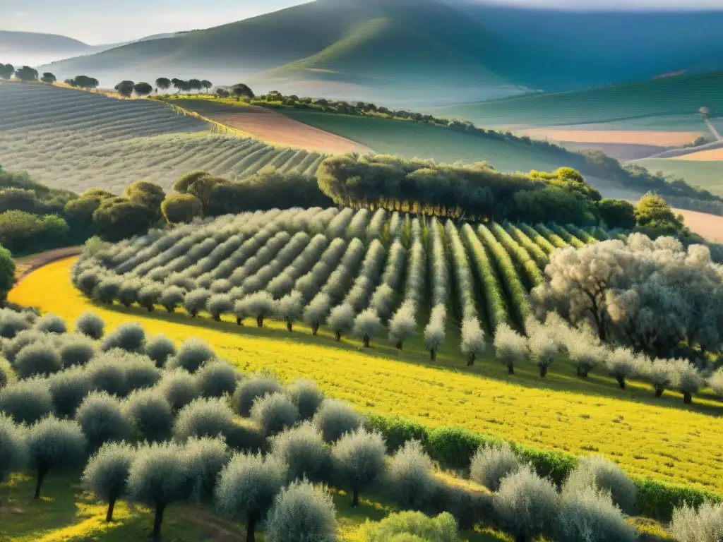 Una escena detallada de la producción de aceite de oliva en Uruguay, combinando tradición, belleza natural y artesanía