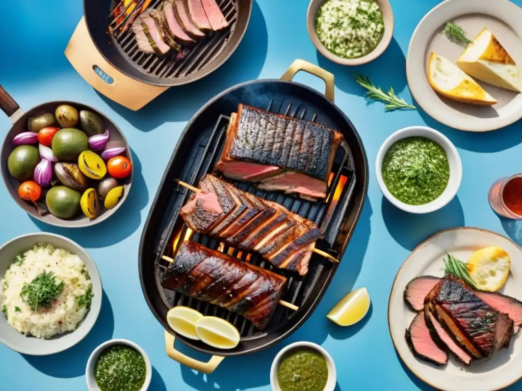 Una escena detallada de un asado uruguayo tradicional, mostrando a lugareños alrededor de una parrilla con carne, chimichurri y vegetales a la parrilla, en un entorno campestre