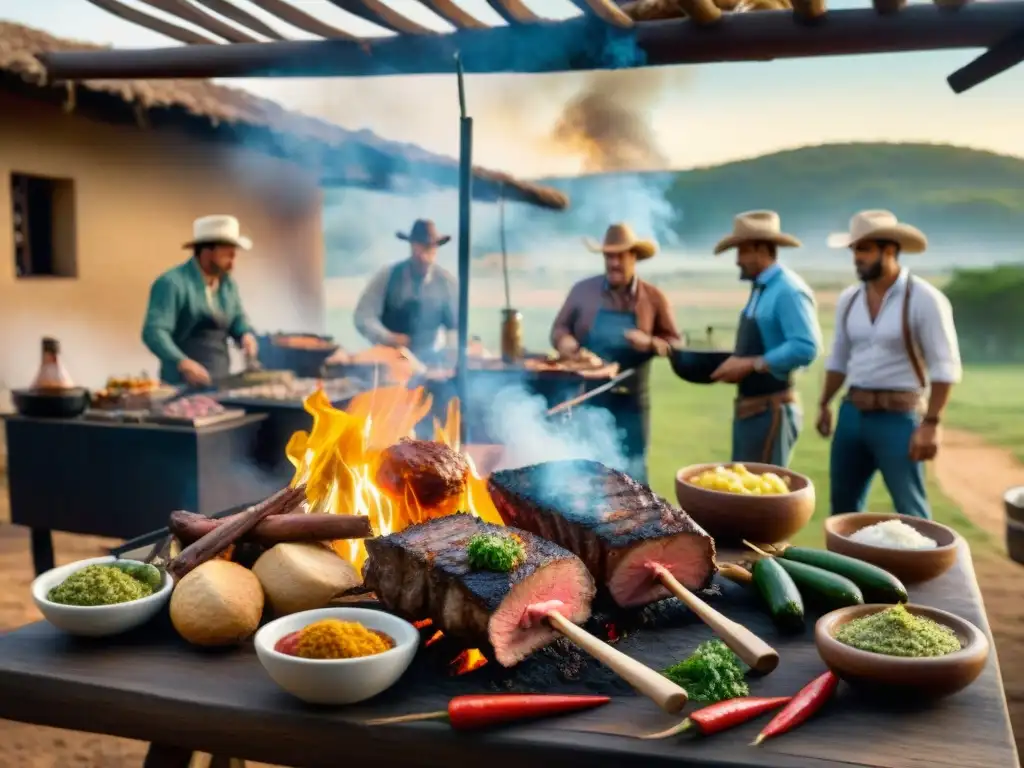 Una escena detallada de un asado uruguayo tradicional contemporáneo en el campo