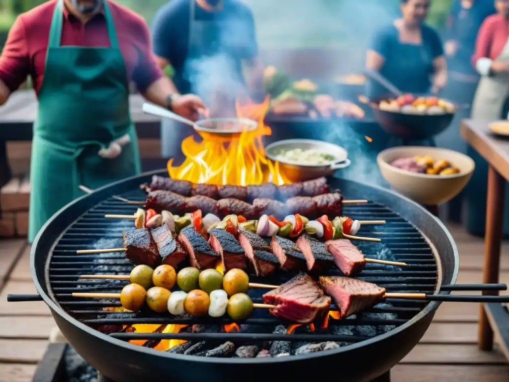 Una escena detallada de un asado uruguayo tradicional con amigos y familia disfrutando alrededor de la parrilla