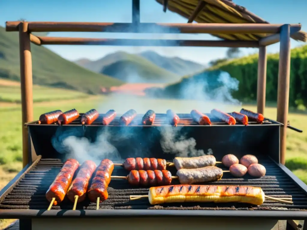 Una escena detallada de un asado uruguayo tradicional en el campo, con gaucho y mate