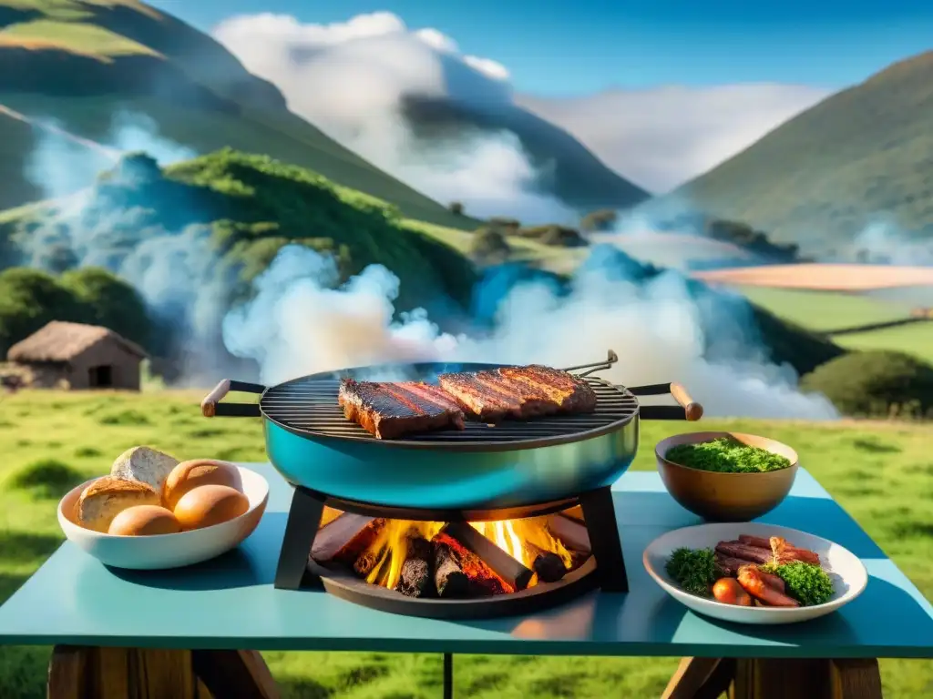 Una escena detallada de un asado uruguayo tradicional en el campo