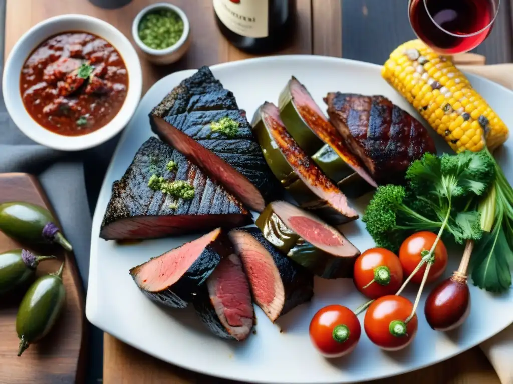 Una escena detallada de un auténtico asado uruguayo en una mesa rústica, con cortes de carne a la parrilla, vegetales, chimichurri y vino Tannat