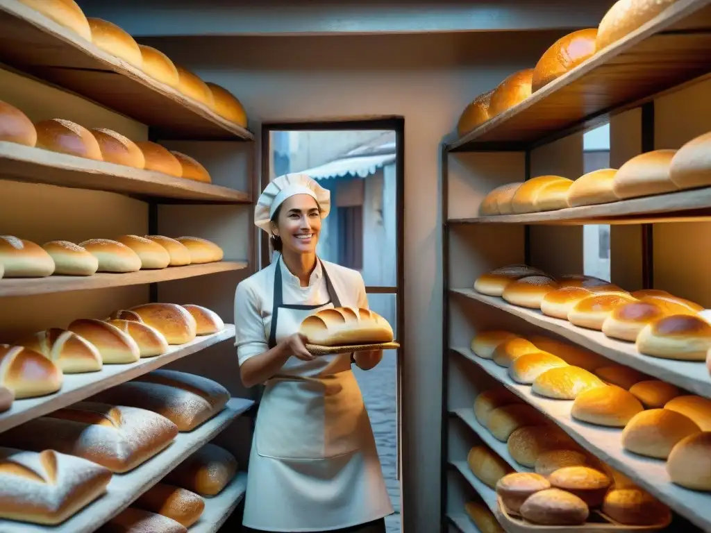 Escena detallada de panadería uruguaya con pan recién horneado y pastelería, en ambiente cálido al amanecer