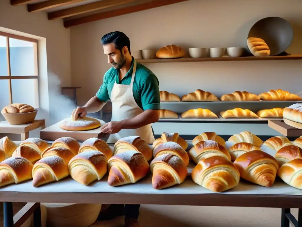 Escena detallada de una panadería uruguaya tradicional con medialunas, bizcochos y pan de campo enfriándose