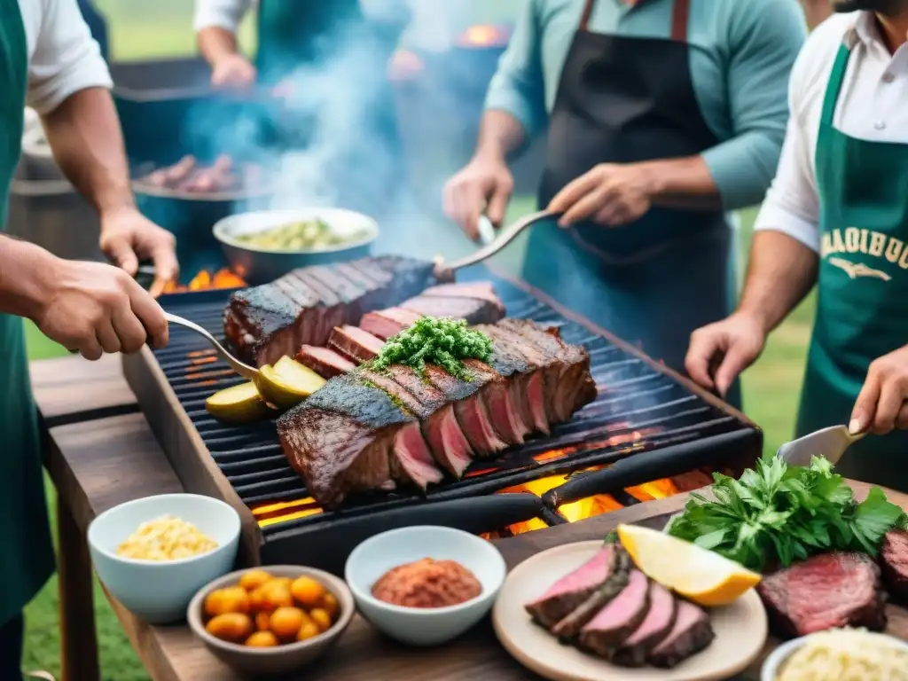 Una escena detallada de un tradicional asado uruguayo, donde locales preparan carne a la parrilla