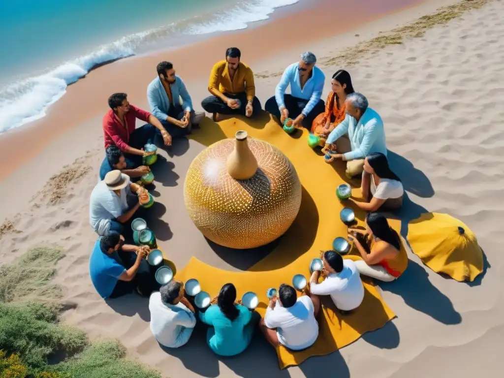 Una escena detallada de un tradicional encuentro de mate en Punta del Este, con personas diversas disfrutando junto al mar