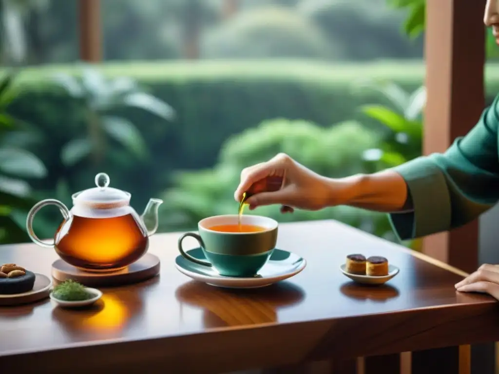 Una escena elegante de una lujosa cata de té en Uruguay, con té gourmet, tazas delicadas y pastelería artesanal