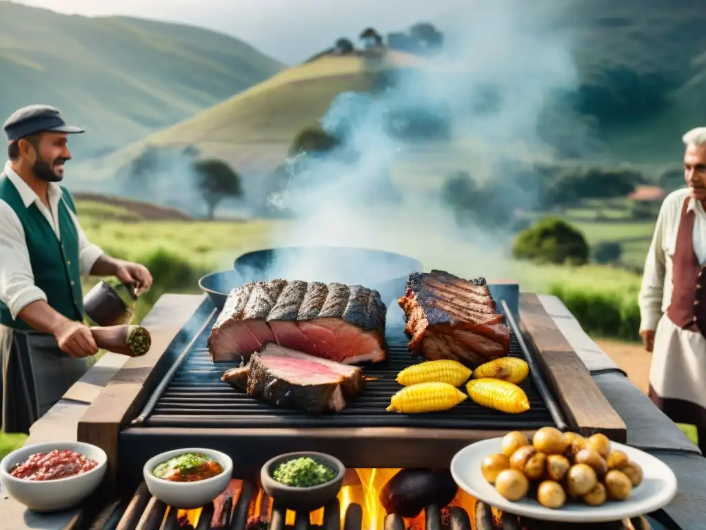 Escena emotiva de tradición del asado uruguayo auténtico: grupo reunido alrededor de la parrilla en un idílico paisaje campestre