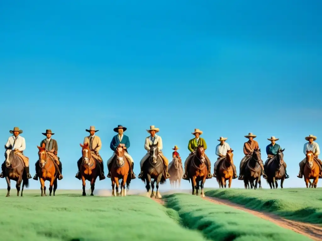 Escena épica de gauchos en Uruguay heredando ganado en llanuras verdes bajo cielo azul