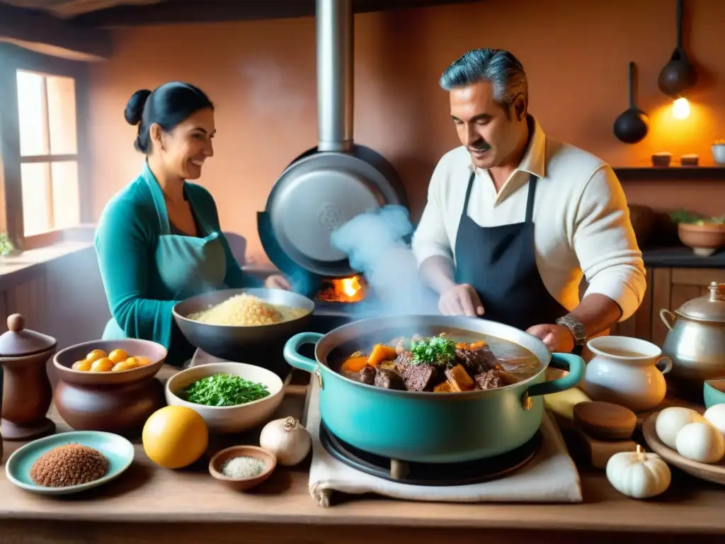 Escena familiar: cocinan guiso uruguayo en cocina rústica