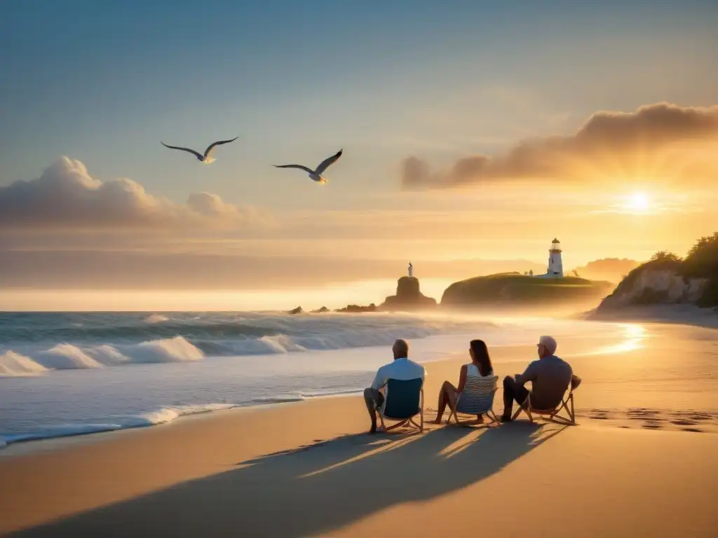 Escena familiar en la playa de Piriápolis al atardecer