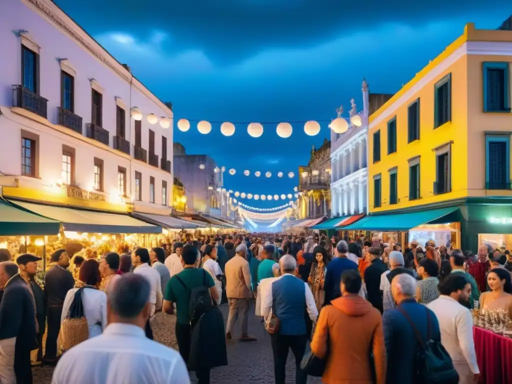 Escena festiva en Montevideo con decoraciones coloridas, artistas callejeros y el Palacio Salvo iluminado