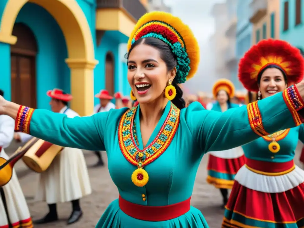 Una escena festiva uruguaya con trajes coloridos, bailes tradicionales y participantes de todas las edades inmersos en la celebración cultural