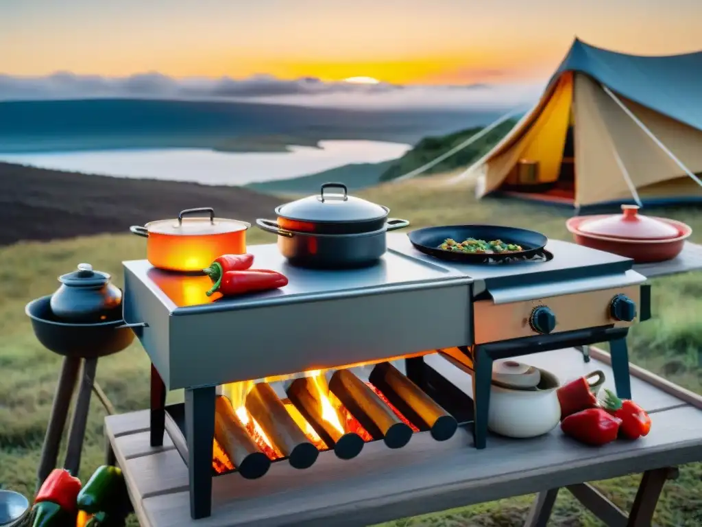 Escena gourmet de cocina de camping en Uruguay con kits cocina camping gourmet Uruguay