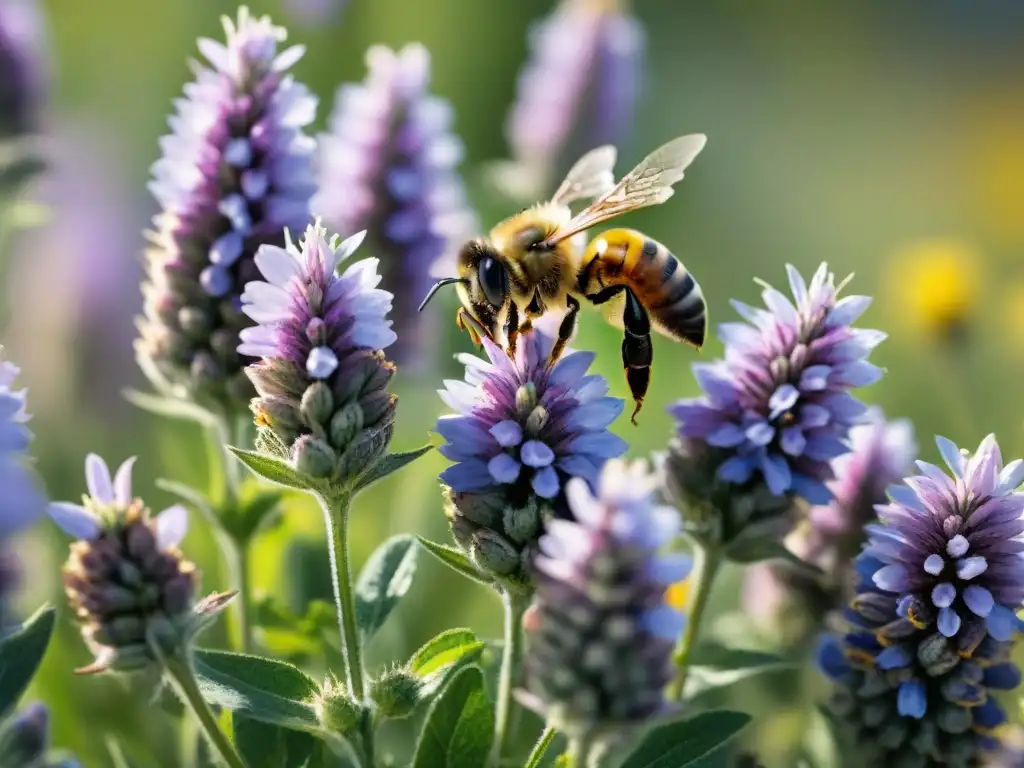 Una escena hipnotizante de apicultura en Uruguay: campo vibrante de flores moradas y amarillas con abejas recolectando polen