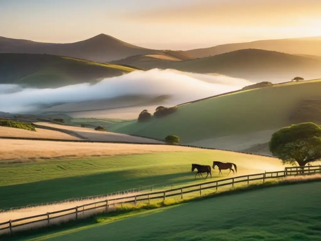 Escena idílica al atardecer en el campo uruguayo con caballos elegantes pastando