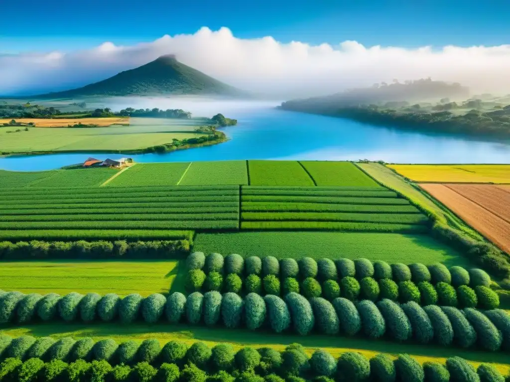 Escena idílica de una granja sostenible en Uruguay, resaltando la armonía entre naturaleza y agricultura