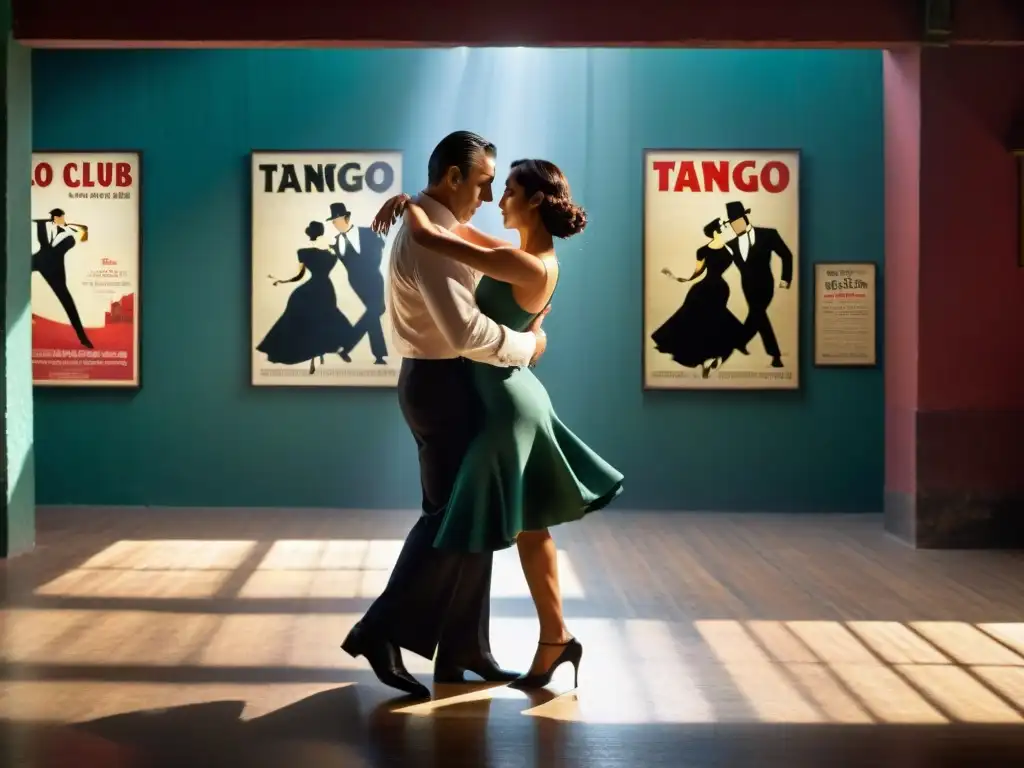 Una escena íntima en un club de tango en Montevideo captura la pasión y elegancia de dos bailarines en pleno desempeño