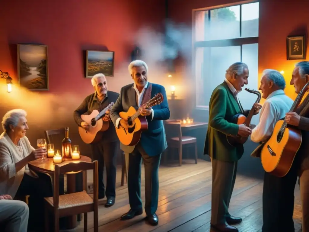 Una escena íntima de una milonga uruguaya en una taberna acogedora, con poesía y música del cancionero uruguayo