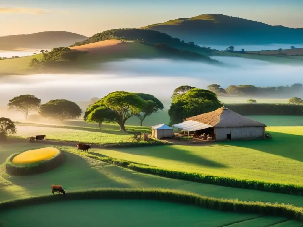 Escena de lujo en un campo uruguayo: granja láctea al atardecer con pastos verdes, vacas pastando y elaboración artesanal de queso