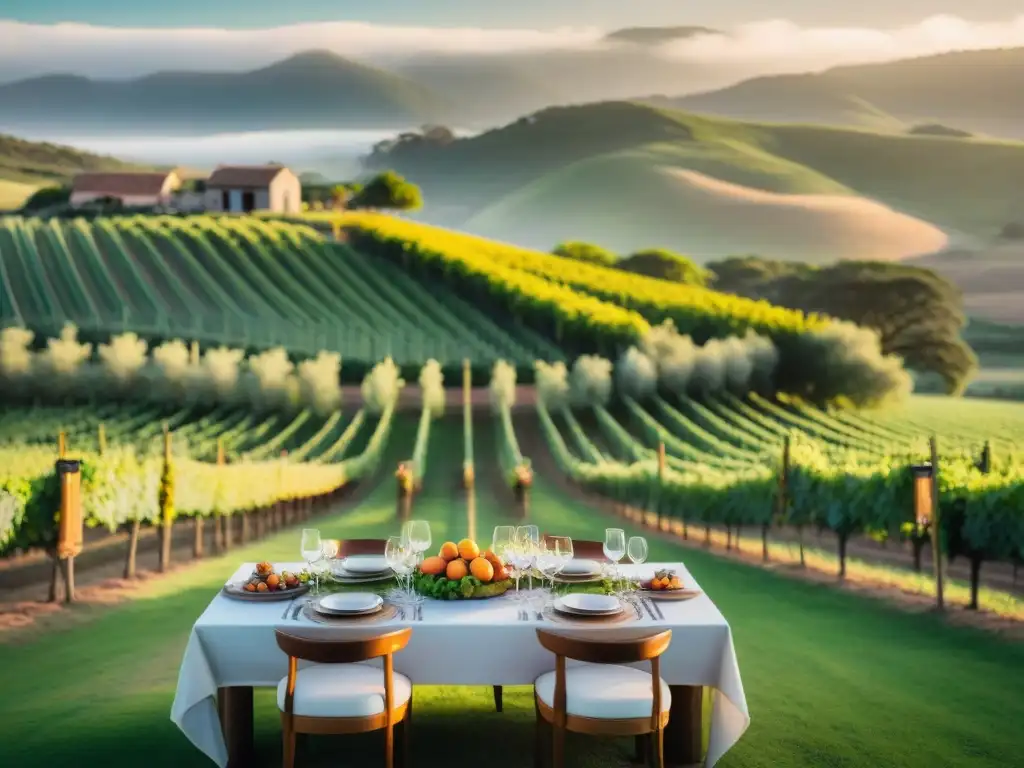 Una escena de lujo gastronómico en el campo uruguayo: mesa elegante con platos gourmet en viñedo al atardecer