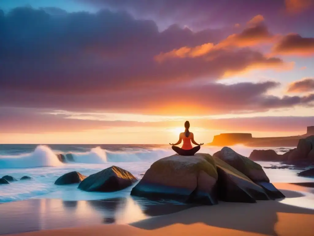 Una escena mágica de yoguis practicando al atardecer en Cabo Polonio, Uruguay