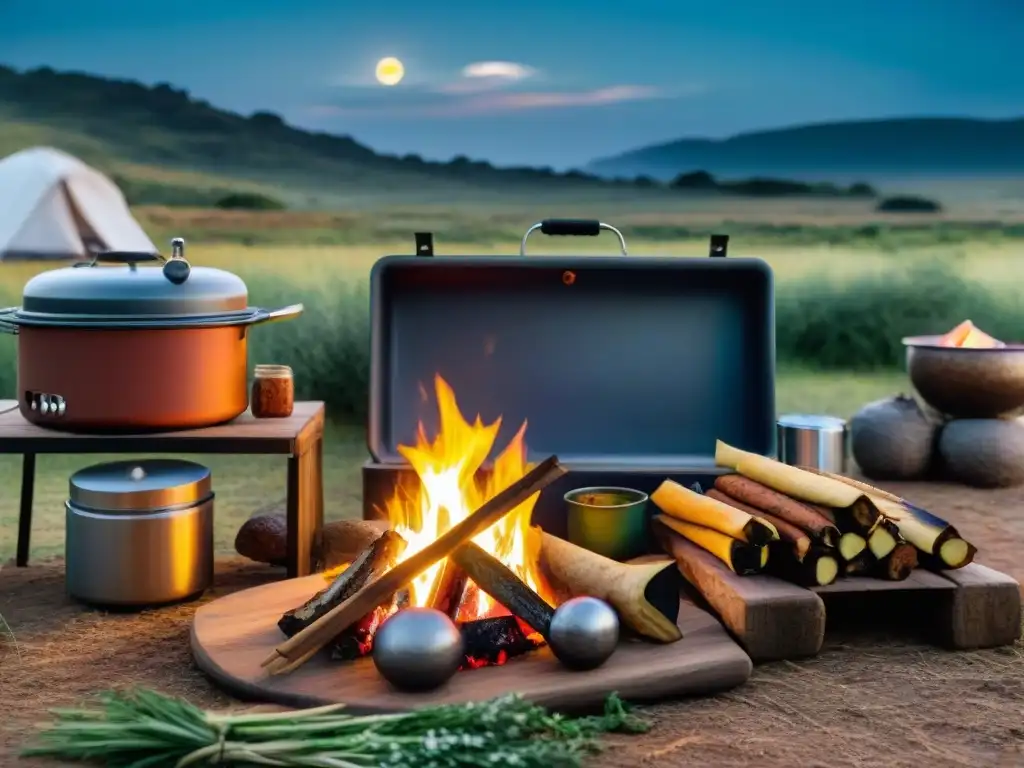 Una escena mágica de cocina al aire libre en un campamento en Uruguay al anochecer, con amigos alrededor del fuego