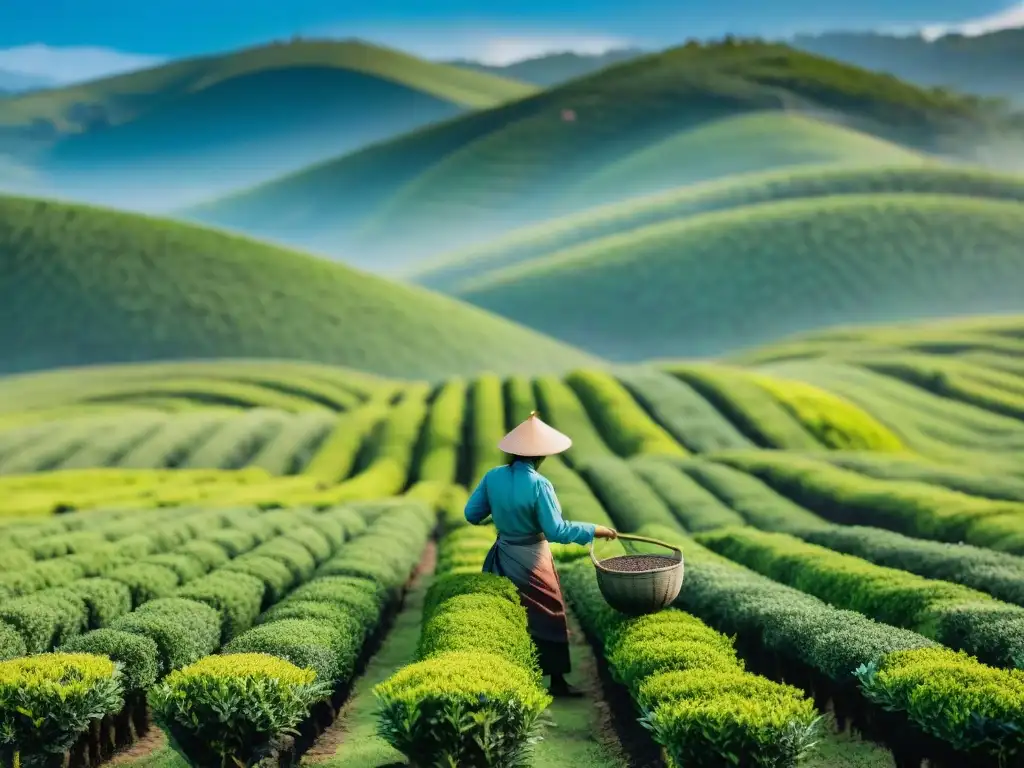 Escena mágica de la Ruta del té en Uruguay: plantación verde, campesino recolectando hojas con fábrica antigua al fondo