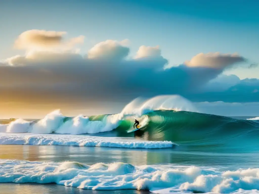 Una escena mágica de surfistas en Uruguay al atardecer