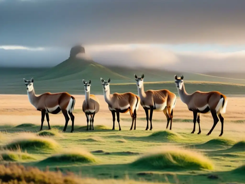 Una escena mágica de turismo responsable en Uruguay: turistas observan con respeto a una familia de guanacos en las vastas praderas